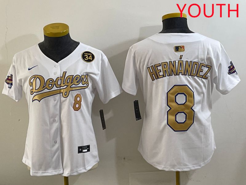 Youth Los Angeles Dodgers #8 Hernandez White Gold Game Nike 2025 MLB Jersey style 4292->youth mlb jersey->Youth Jersey
